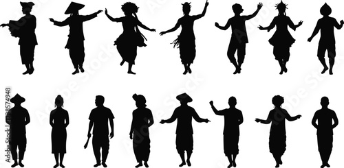 Traditional Asian dancers and people in cultural folk costumes, vector silhouette illustration set on a white background