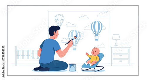 Father paints nursery mural with baby watching