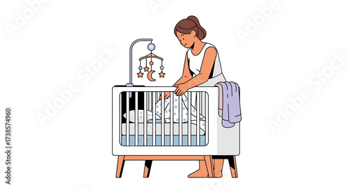 Mother tending to baby in crib with mobile