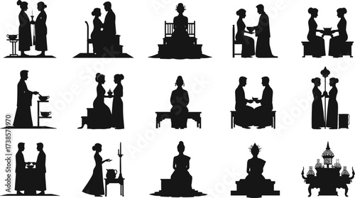 Traditional Wedding and Ceremony Silhouette Set, Elegant Couples and Rituals, Asian Culture, Black and White Vector Illustration for Adobe Stock