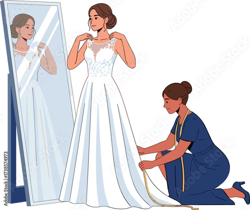 Bride tries on wedding dress with seamstress assistance