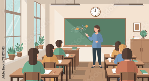Teacher leading a lesson in a bright classroom with students