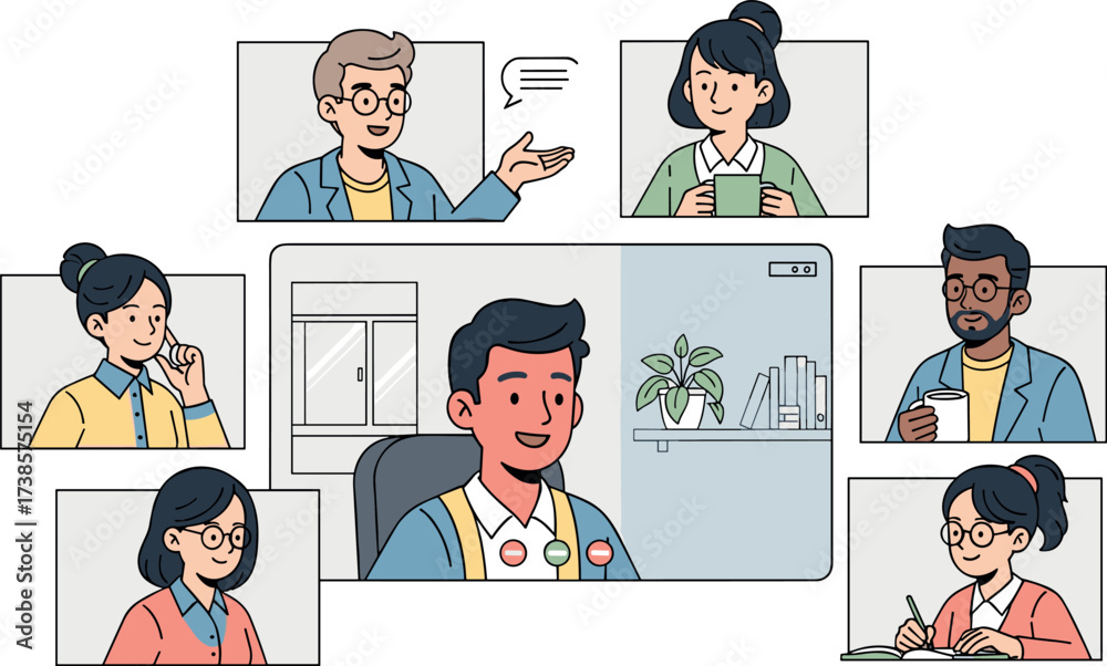 Fototapeta premium Diverse group of people participating in a video conference call illustration