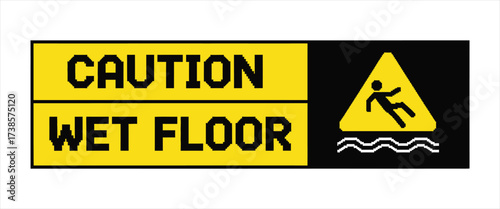 Yellow and Black Caution Wet Floor Sign with Slipping Person Icon Keywords: caution, wet floor, sign, warning, danger, hazard, slippery, person, falling, icon, symbol, yellow, black