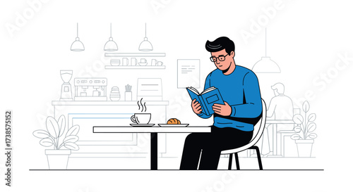 Man reading a book in a cafe with coffee and pastry