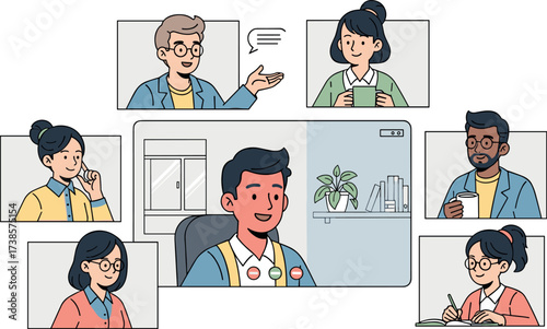 Diverse group of people participating in a video conference call illustration