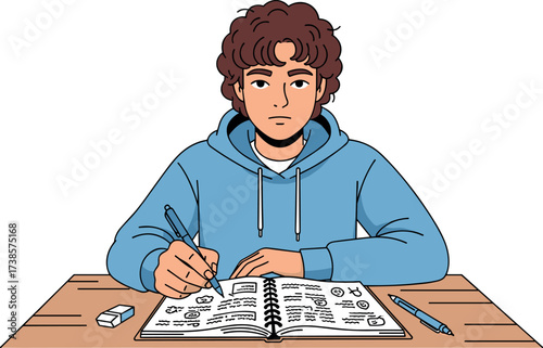 Young person focused on drawing in a notebook at a wooden desk