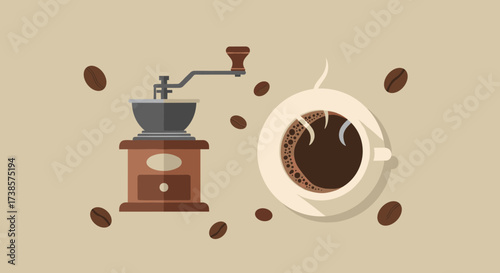 Vintage coffee grinder and freshly brewed coffee cup