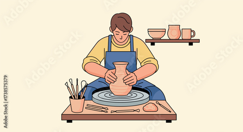 Artist shaping clay on a pottery wheel with tools and finished pieces