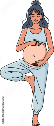 Pregnant woman practicing yoga tree pose on white background