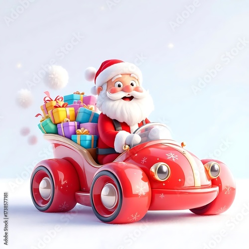 Santa claus driving car with christmas gifts delivery for holiday season celebration and xmas cheer on transparent background