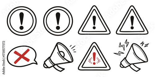 Set of Hand Drawn Warning and Exclamation Symbols Keywords: warning, sign, symbol, exclamation, mark, triangle