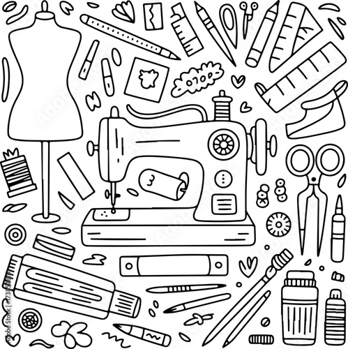 Hand-drawn illustration of sewing machine and crafting supplies for dressmaking and tailoring