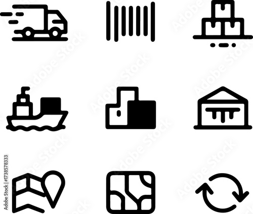 Set of logistics and delivery icons with shipping truck, barcode, package, ship, warehouse