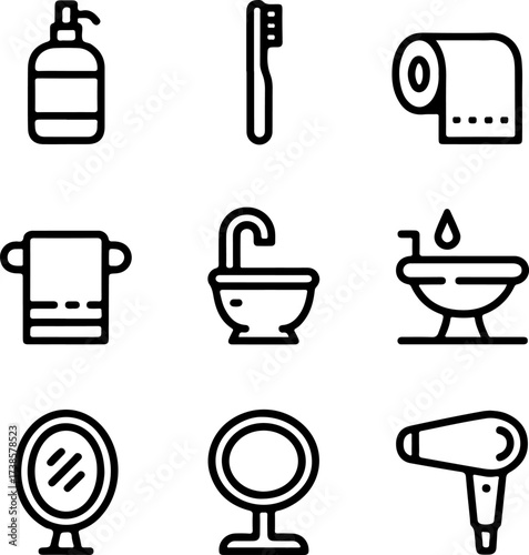 Collection of bathroom icons soap dispenser, toothbrush, toilet paper, towel, sink, bathtub, mirror, and hairdryer