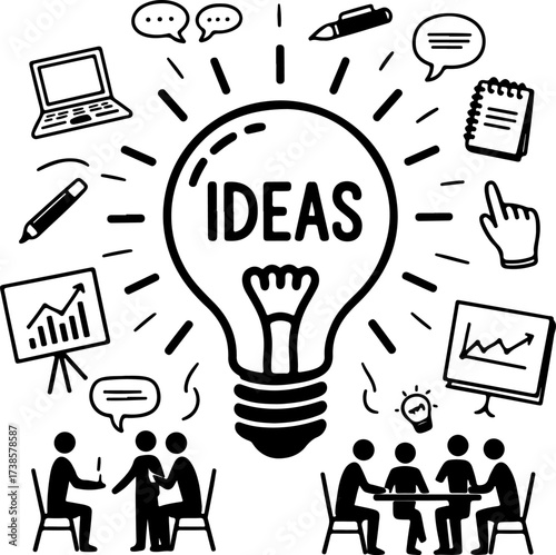 Brainstorming and idea generation with a light bulb and diverse group of people collaborating