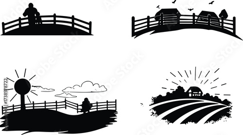 Countryside farm landscape with sunrise, fence, trees, people, birds, clouds and nature agriculture rural vector illustration