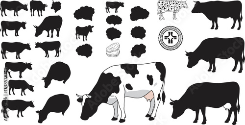 Cow silhouettes and dairy cattle vector set with Holstein cow illustration, farm animals, livestock icons and agriculture elements
