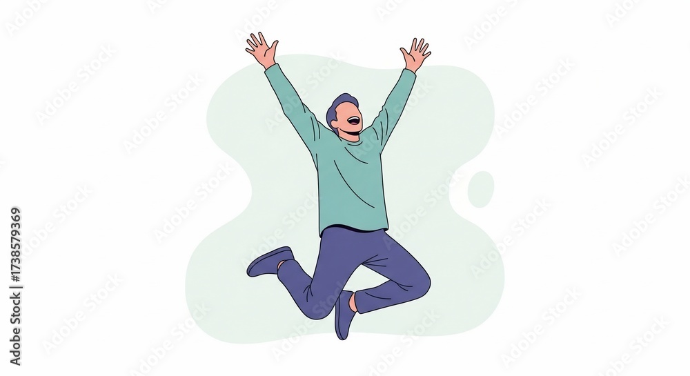 Fototapeta premium Joyful Leap: Capturing the unbridled elation of a man mid-air, expressing freedom and contentment, this dynamic illustration radiates positivity.