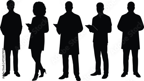 Doctor silhouettes vector illustration, medical professionals standing with clipboards, healthcare workers black silhouette icons for hospital