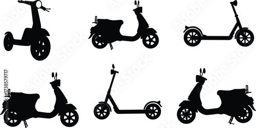 Electric scooter silhouettes, black vector set of modern urban mobility vehicles, eco-friendly transportation, isolated design