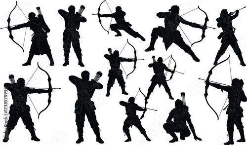 Fantasy archer warrior silhouettes, medieval bow and arrow fighters, RPG game character poses, hunting archery battle illustration vector