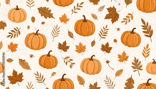 A whimsical pattern featuring various sizes of pumpkins and scattered fall foliage. Cream background. Warm autumn hues create a cozy seasonal aesthetic