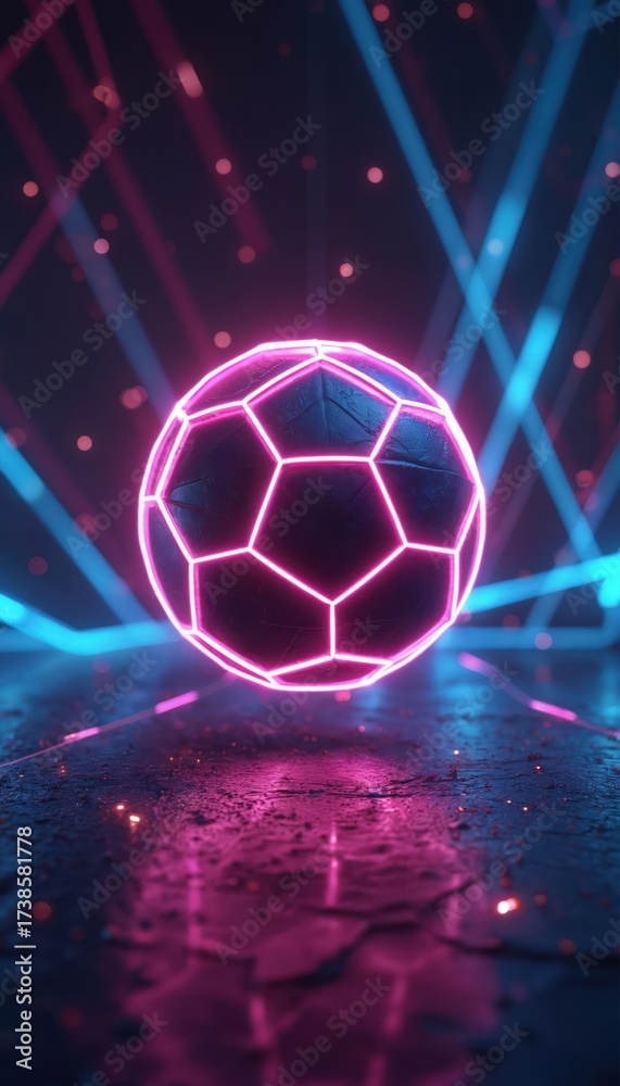 Naklejka premium Neon pink soccer ball on dark background with blue and pink lights. Soccer ball glows pink. Abstract futuristic sports concept with geometric shapes and lines. Digital artwork with neon colors.