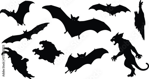 Scary bat silhouettes with monster creature, flying vampire bats vector, Halloween horror werewolf bat hybrid illustration clipart