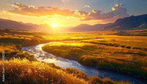 Luminous rivers flowing with golden light across endless plains, enchanting magical DESIGN landscape. 