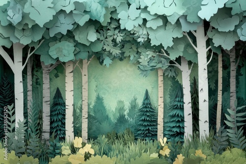 Handcrafted Paper Forest Scene with Birch Trees, Layers and Artistic Depth.