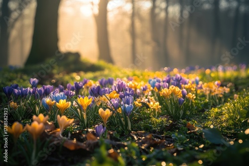 Colorful Crocus Flowers Blooming in a Forest with Soft Morning Light