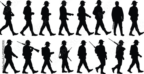 Soldier silhouette set, army marching vector, military man illustration, armed forces walking artwork, war soldier design collection