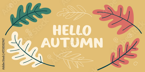 hello autumn banner design with colorful oak leaves warm golden background fall season typograph