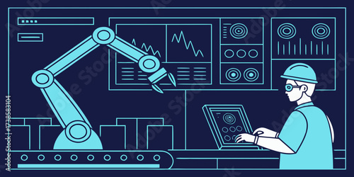 futuristic cyan line art illustration of industrial automation with a robotic arm and engineer in a smart factory