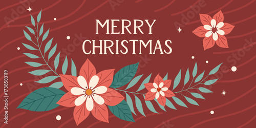 elegant festive merry christmas banner with stylized red-orange flowers teal leaves and wavy pattern background