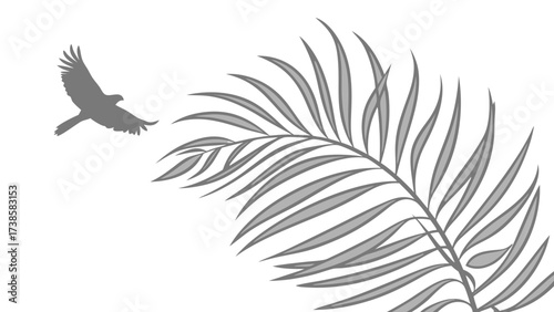 minimalist graphic illustration of a bird in flight and a stylized palm frond on a white background