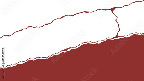 abstract graphic design with torn and cracked red and white contrasting areas isolated on white background.