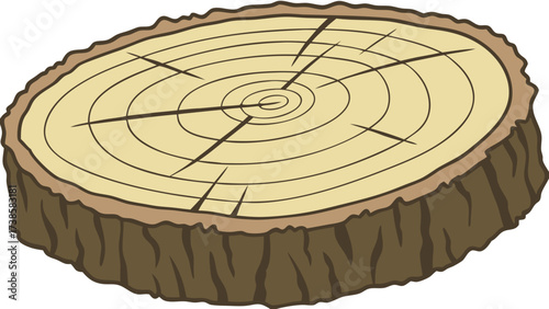 stylized illustration of a tree stump cross-section showing annual growth rings cracks and textured bark isolated on white background.