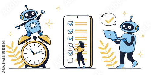 robot productivity assistant with time management checklist and task completion illustration design and isolated on white background.