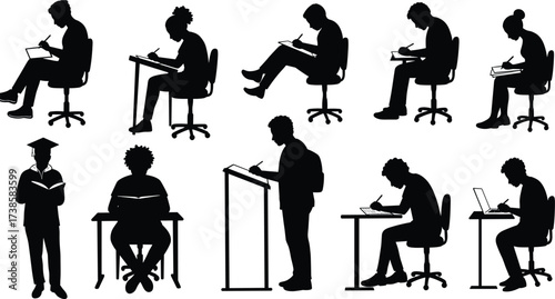 Student silhouette vector set of people studying, writing, reading, using laptop, education illustration for academic learning design