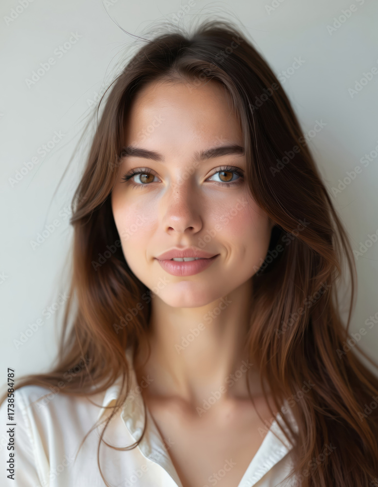 Fototapeta premium Portrait of pretty young woman. Girl with long brown hair looks. Lady in white shirt poses. Elegant face portrait for resume or social media profile. Clean portrait of youth.