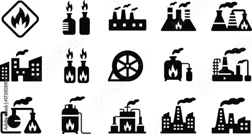 Flammable materials, chemical plant, laboratory equipment, and industrial factory fire hazard vector icon illustration set