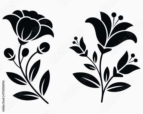 Elegant black floral silhouette designs, perfect for decorative accents or intricate graphic elements, featuring stylized flowers and delicate foliage for various creative projects