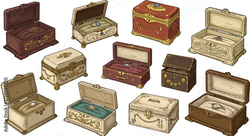 Collection of vintage jewelry boxes with ornate details and rings displayed