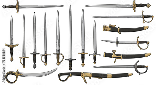Collection of historical swords and sabers with ornate designs
