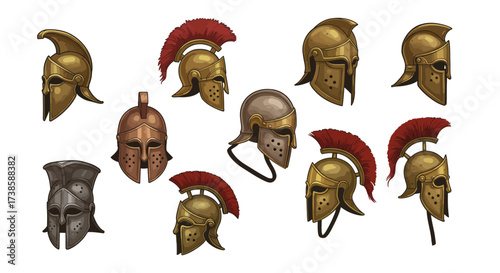 Set of ancient greek and roman helmets with crests on white background
