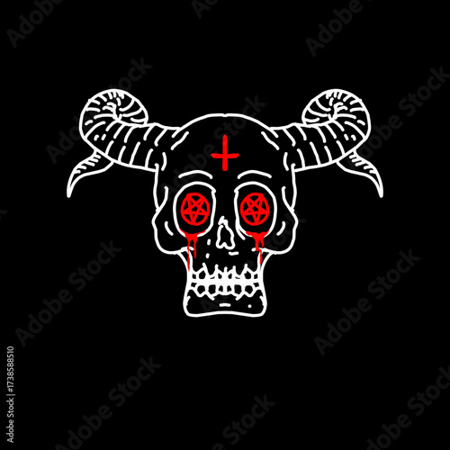 horned skull with occult symbols and bleeding pentagram eyes, dark gothic illustration for metal merch, poster, and streetwear art