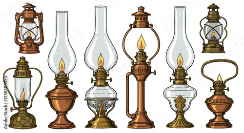 Vintage oil lamps collection with detailed antique design featuring glass and…