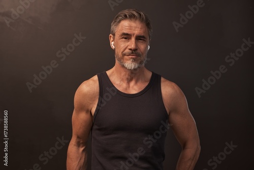 Portrait of muscular athletic mid adult man standing against dark background. Studio shot of middle aged confident sporty male fitness trainer with gray hair.